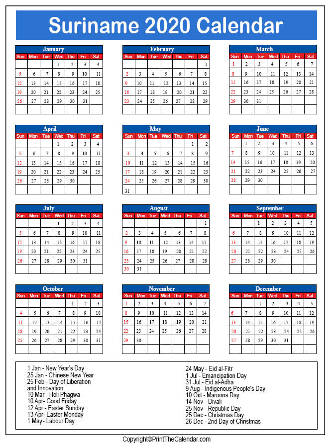 Suriname Printable Calendar 2020